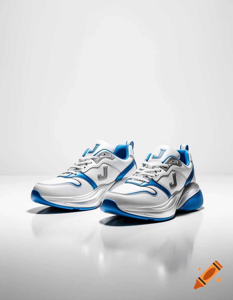 A pair of white and blue sneakers with a 'J' logo on the side, displayed on a reflective white surface with soft shadows.