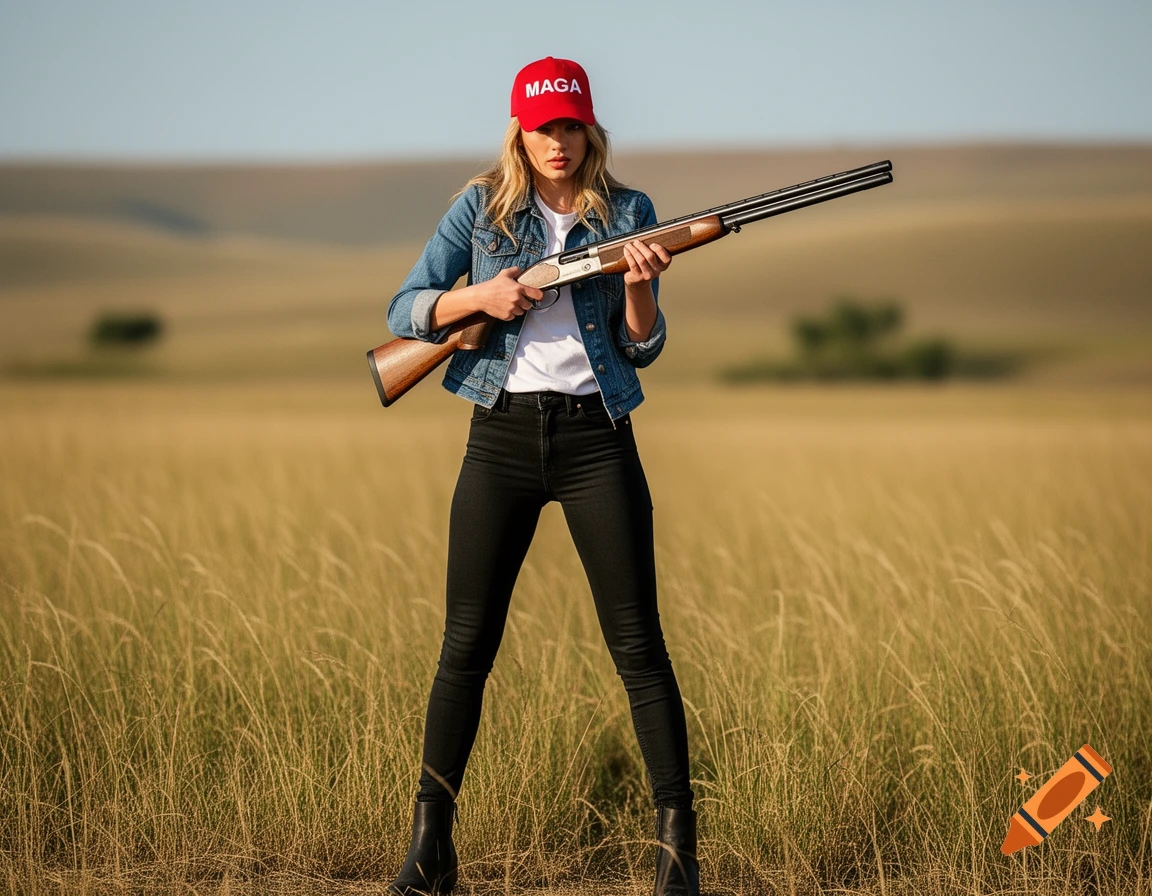 A woman in a denim jacket and black jeans, wearing a red MAGA hat, holds a shotgun in a golden field under a clear sky.