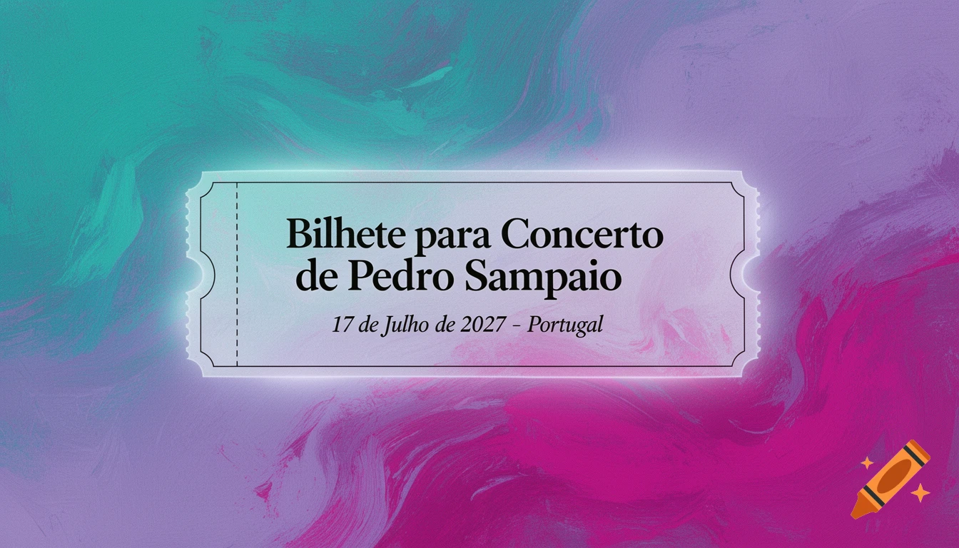 A neon-outlined concert ticket for Pedro Sampaio, dated July 17, 2027, Portugal, on an abstract purple and teal background.