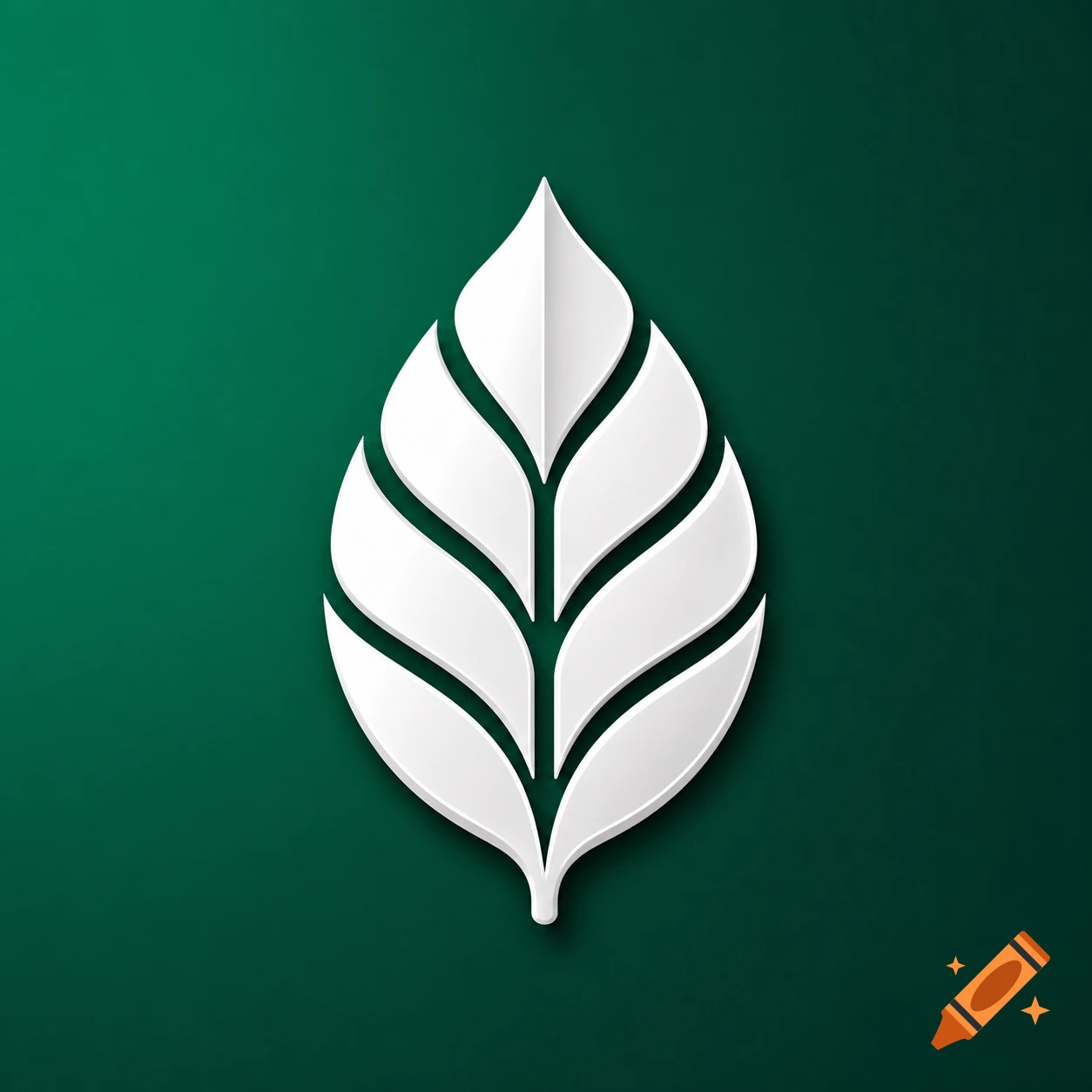 A refined white leaf logo with subtle 3D relief on a deep emerald green gradient background.
