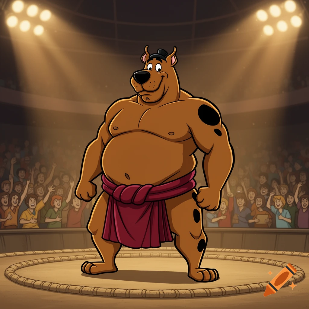 Cartoon Scooby-Doo as a muscular sumo wrestler in a red mawashi, standing in a spotlighted sumo ring before a cheering audience.