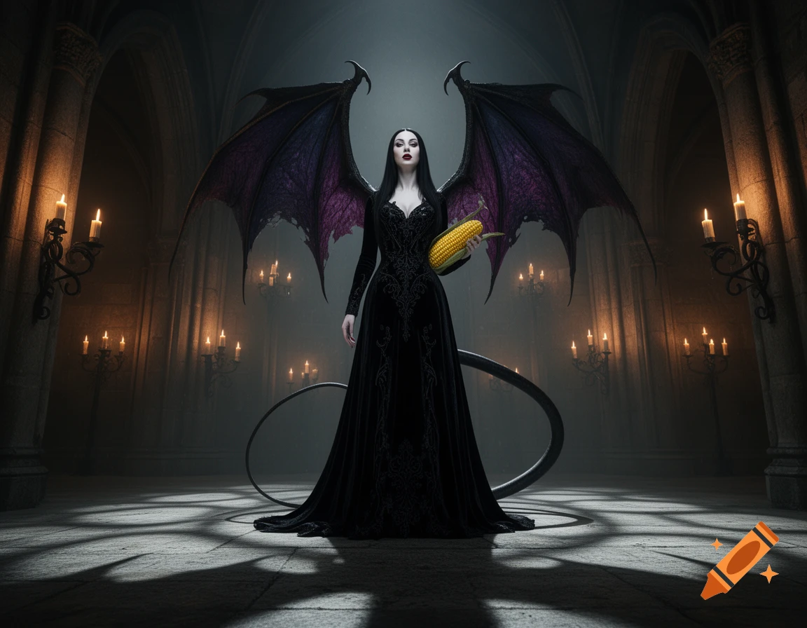 A dark fantasy image of a vampire woman with large purple-lined bat wings and a tail, wearing a long black gown, standing in a candlelit gothic church interior while holding an ear of corn.