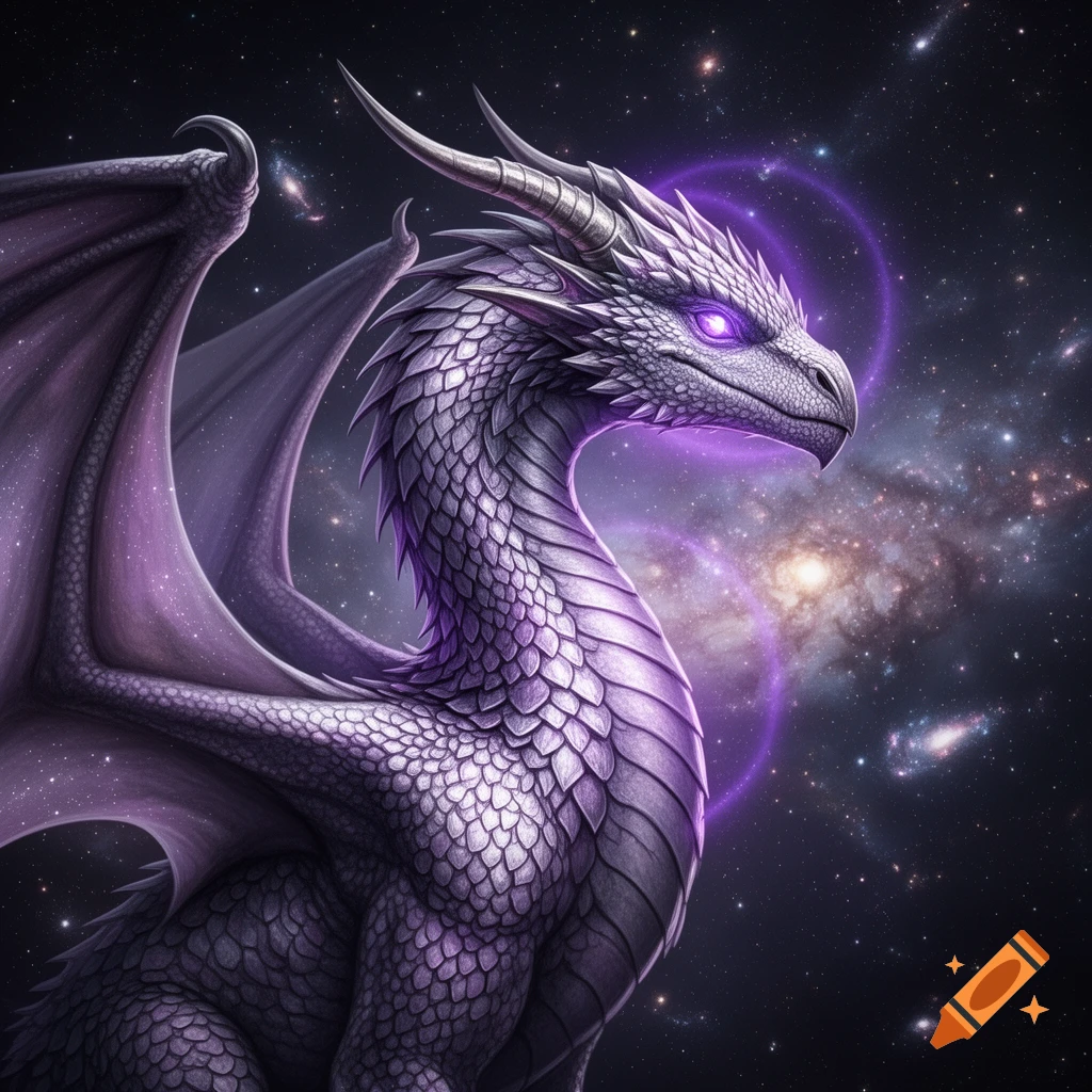 A majestic silver and purple dragon with glowing purple eyes, set against a cosmic, star-filled background.
