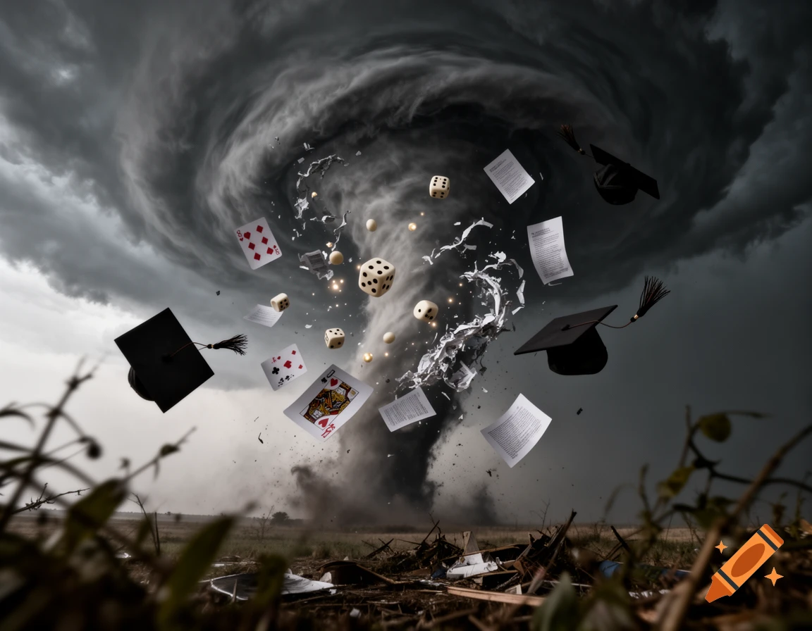A powerful tornado swirls under a dark, stormy sky, lifting graduation caps, playing cards, dice, and papers over a desolate field.