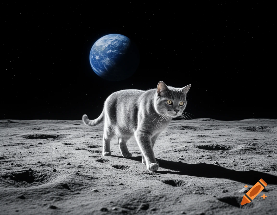A photorealistic grey cat walks across the cratered surface of the moon under a starry black sky, with Earth visible in the background.