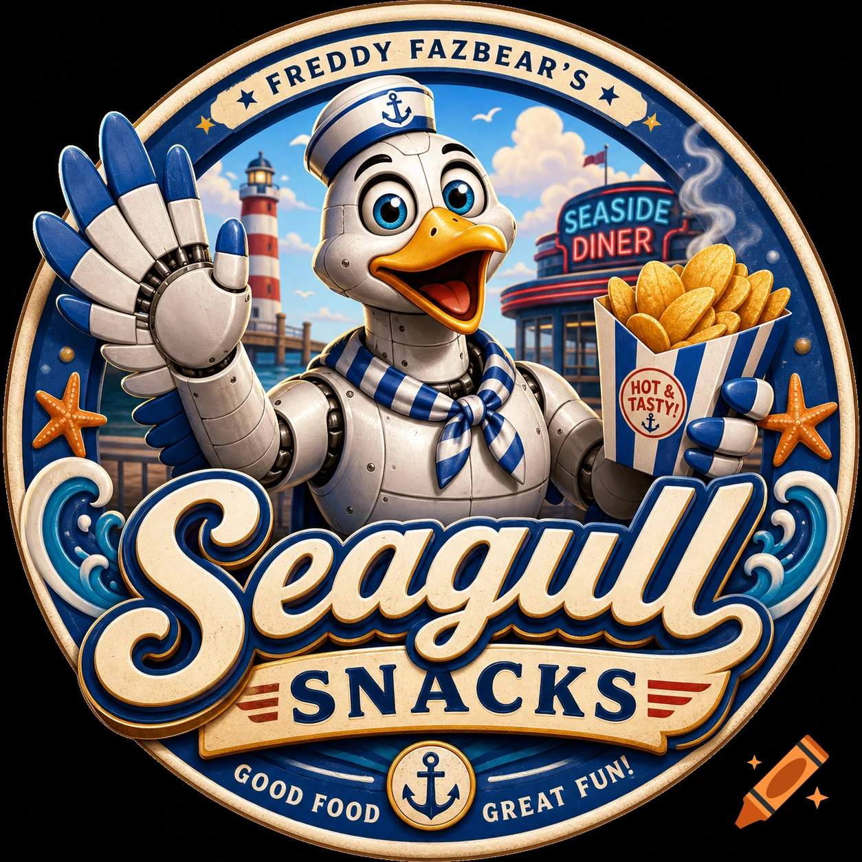 A cartoon seagull animatronic mascot in a sailor uniform waves, holding chips, inside a circular restaurant logo for 'Seagull SNACKS' with a lighthouse and diner background.