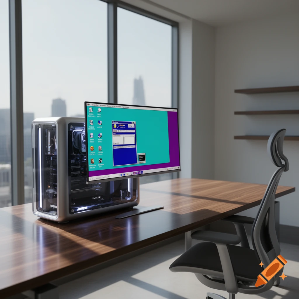 A modern transparent PC case connected to a monitor displaying a Windows 98 desktop interface, all on a wooden desk in an office with a city view.