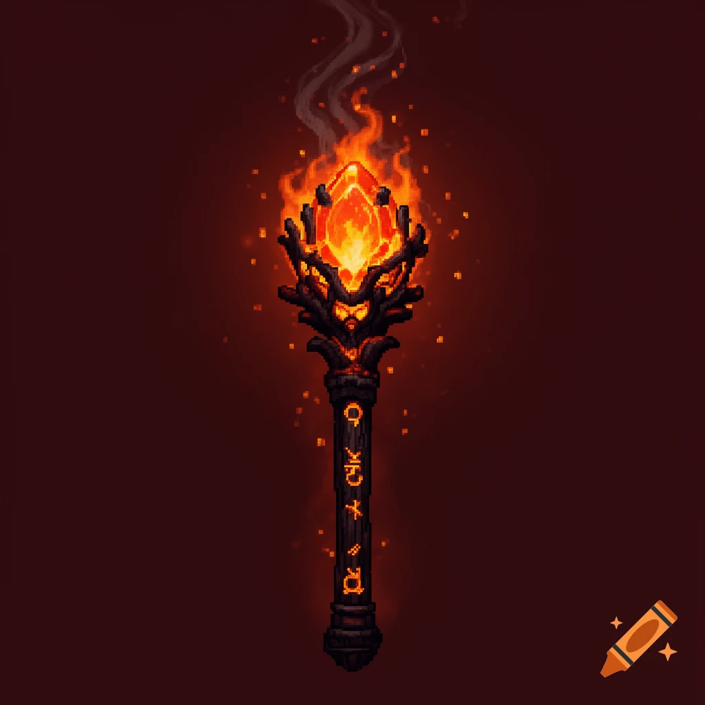 A pixel art wizard's staff with a glowing orange fiery crystal at the top, emitting smoke and sparks, with arcane runes along the shaft.