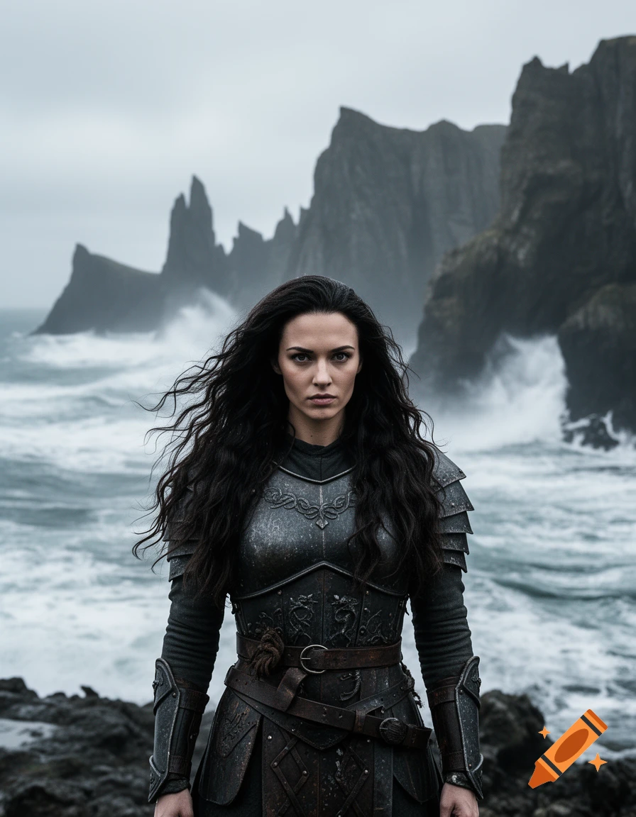 A woman in dark, ornate armor stands on a rugged, stormy coast, with windswept dark hair and towering sea cliffs.