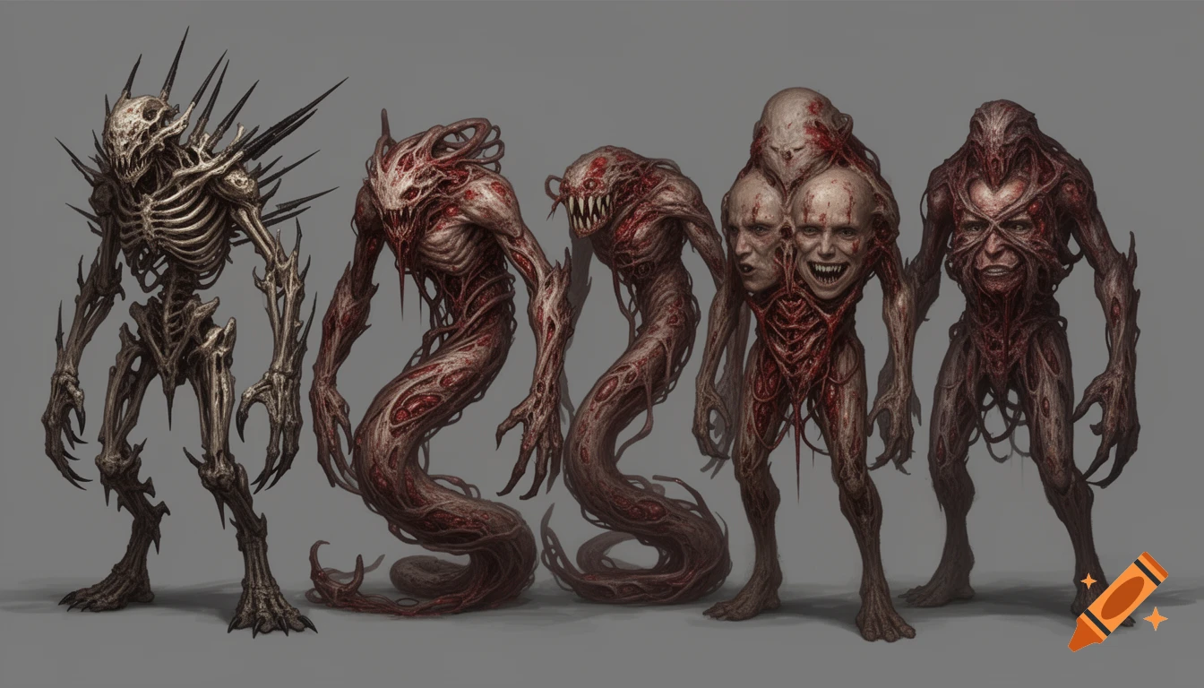Concept art lineup of five grotesque, fleshcrafted monsters with exposed muscle, bone, claws, and twisted faces against a neutral background.
