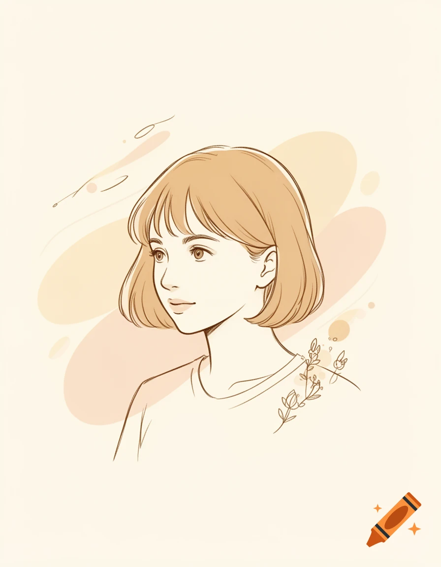 Stylized illustration of a young woman with short brown hair, looking left, with abstract background shapes and subtle floral details.