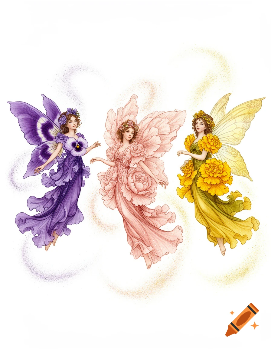 Three beautifully illustrated flower fairies, one in purple, one in pink, and one in yellow, with delicate wings, floating against a white background.