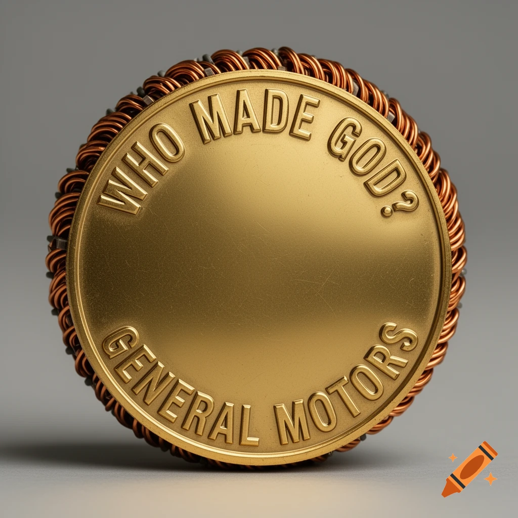 A detailed brass coin with a copper motor stator winding rim. It reads 'WHO MADE GOD?' at the top and 'GENERAL MOTORS' at the bottom.