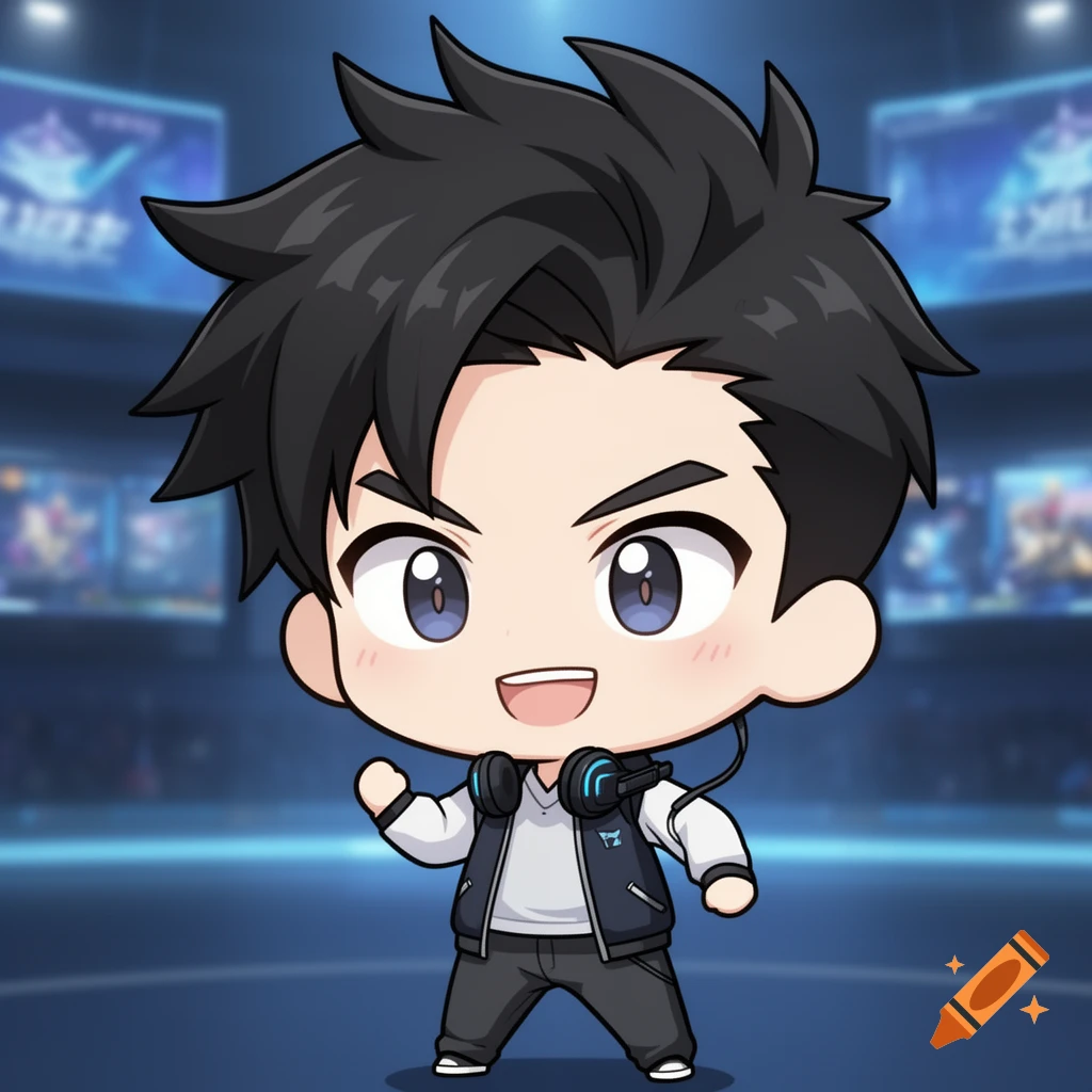 A chibi anime boy with black hair, wearing headphones, a white shirt, and a dark vest, stands smiling with a raised fist in a gaming arena background.