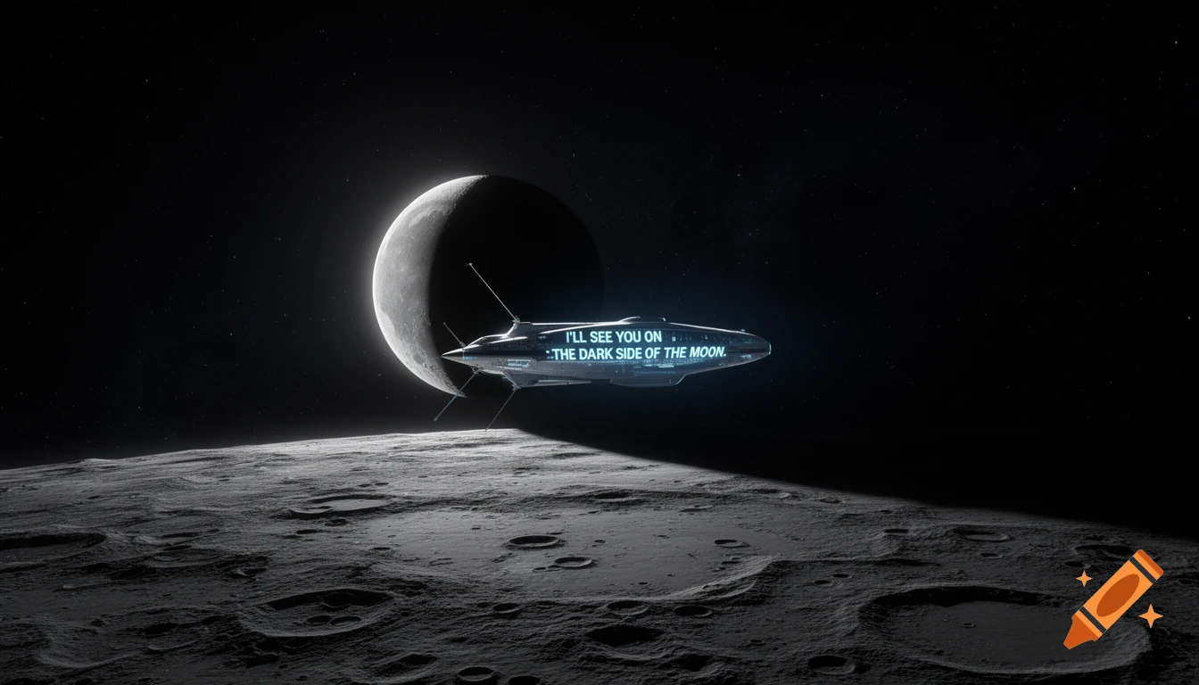 Futuristic spaceship over a cratered moon surface with a crescent moon. Text on ship: "I'LL SEE YOU ON THE DARK SIDE OF THE MOON."