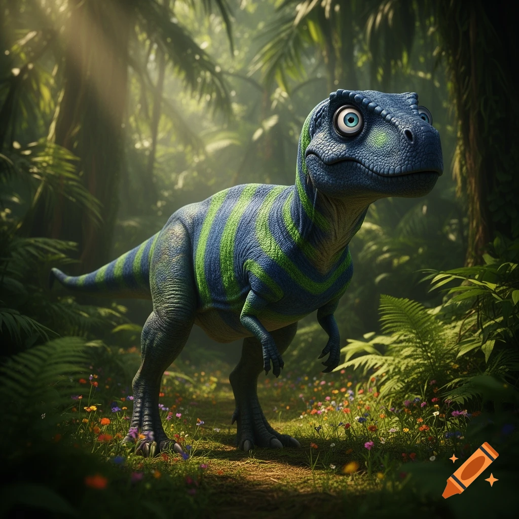 A cartoon blue and green striped dinosaur with large, wide eyes stands on a path in a lush jungle, sun rays filtering through trees.