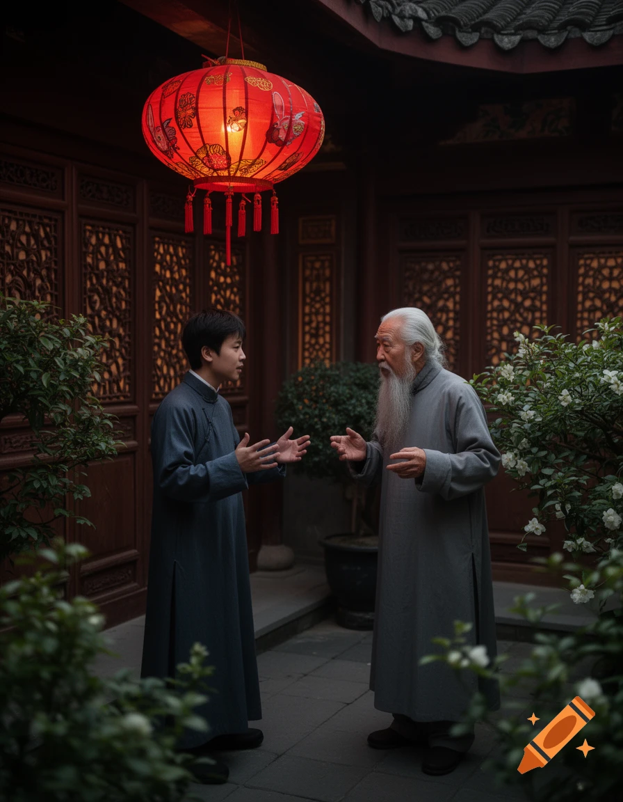 An older man with a long white beard and a younger man in traditional gray robes talk in a Chinese courtyard under a large red lantern.