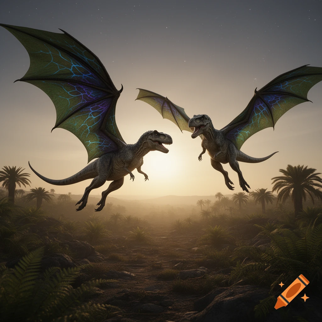 Two winged dinosaurs with glowing blue veins on their wings fly over a misty prehistoric jungle at sunset.