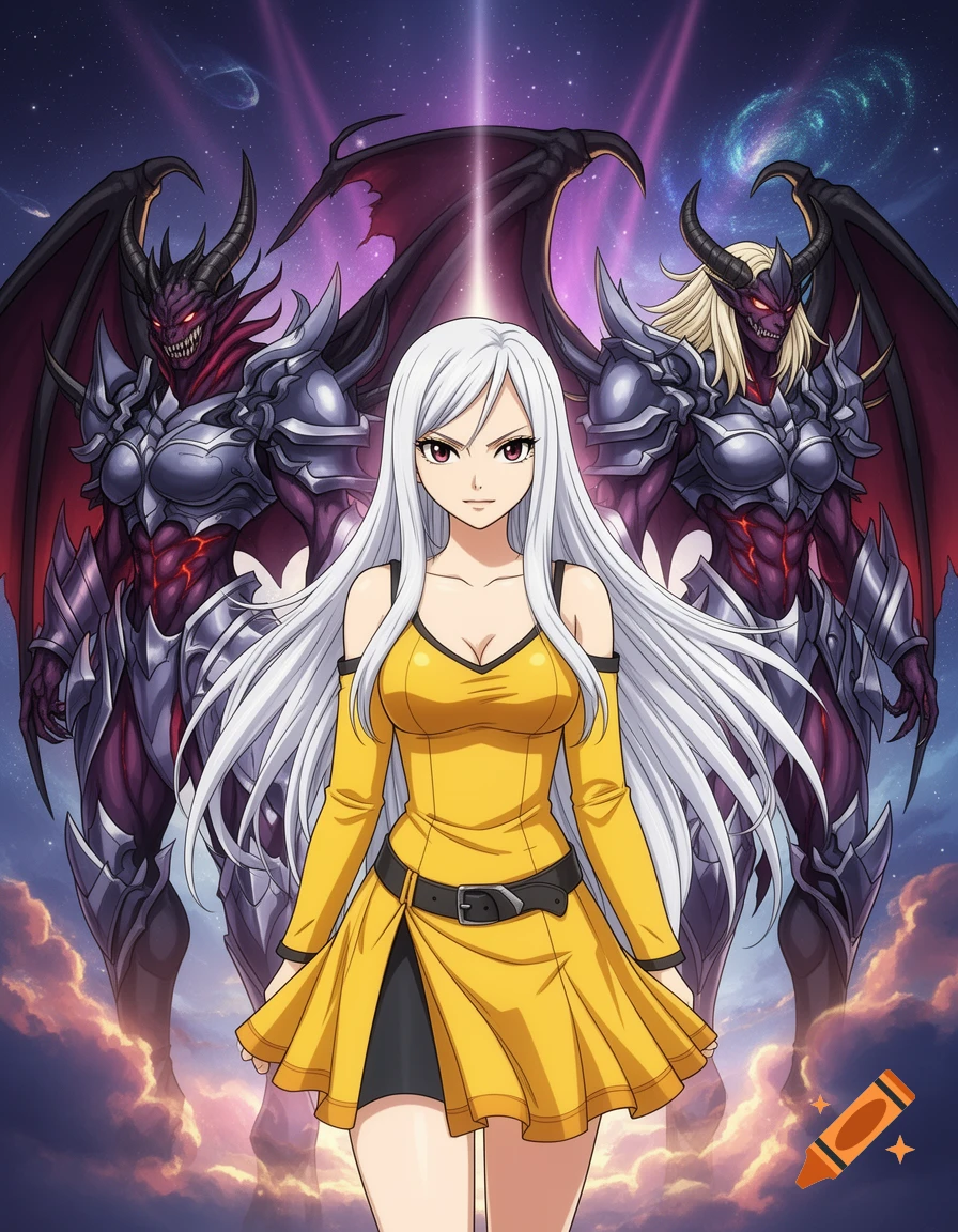 An anime woman with long white hair in a yellow dress stands front-facing, flanked by two large, armored, red-skinned demon figures with wings.