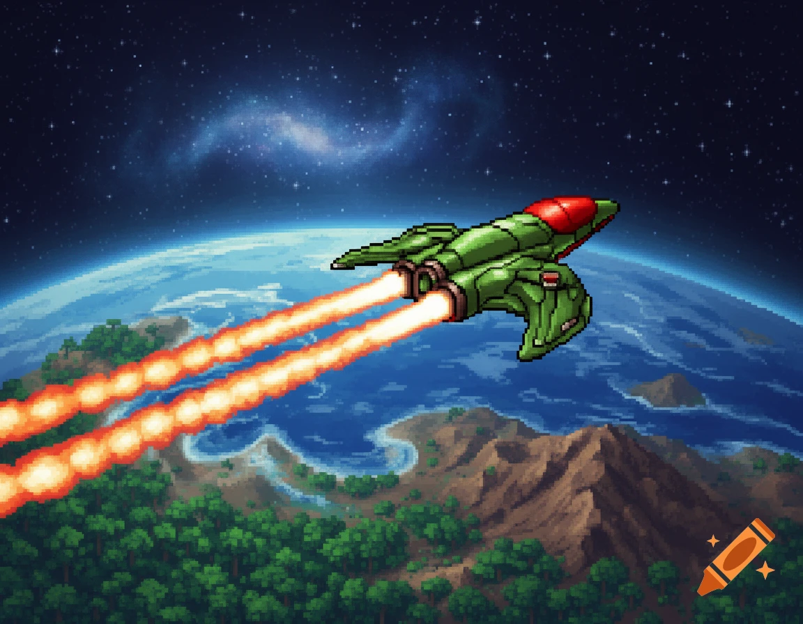 A green and red pixel art spaceship with fiery engines flies away from a planet showing continents, oceans, and forests, under a starry sky with a galaxy.