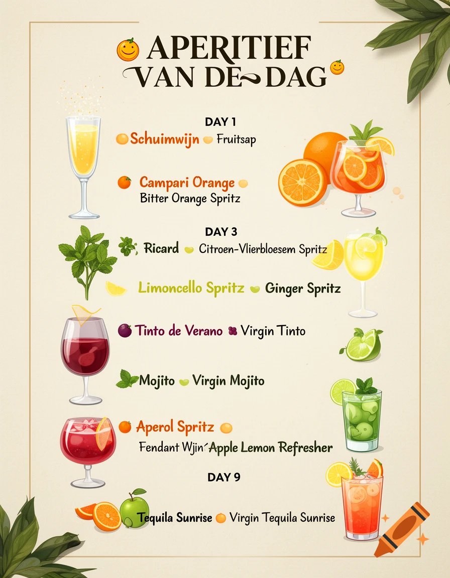 An illustrated poster titled "APERITIEF VAN DE DAG" listing various cocktails and non-alcoholic drinks like Campari Orange, Mojito, and Tequila Sunrise, with ingredients and illustrations of each.