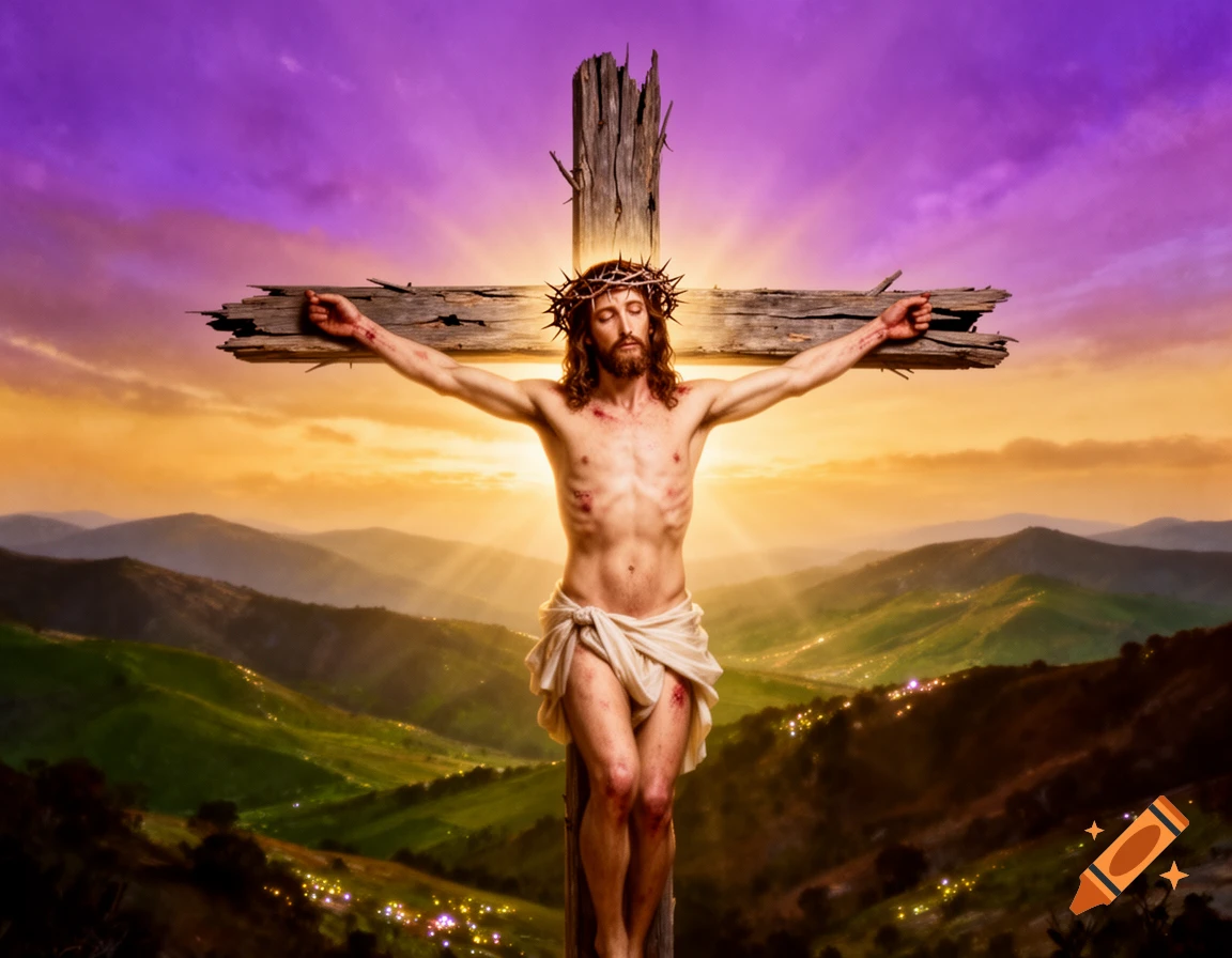 Photorealistic depiction of Jesus Christ on a rugged wooden cross, wearing a crown of thorns and loincloth, against a vibrant purple and orange mountain landscape.