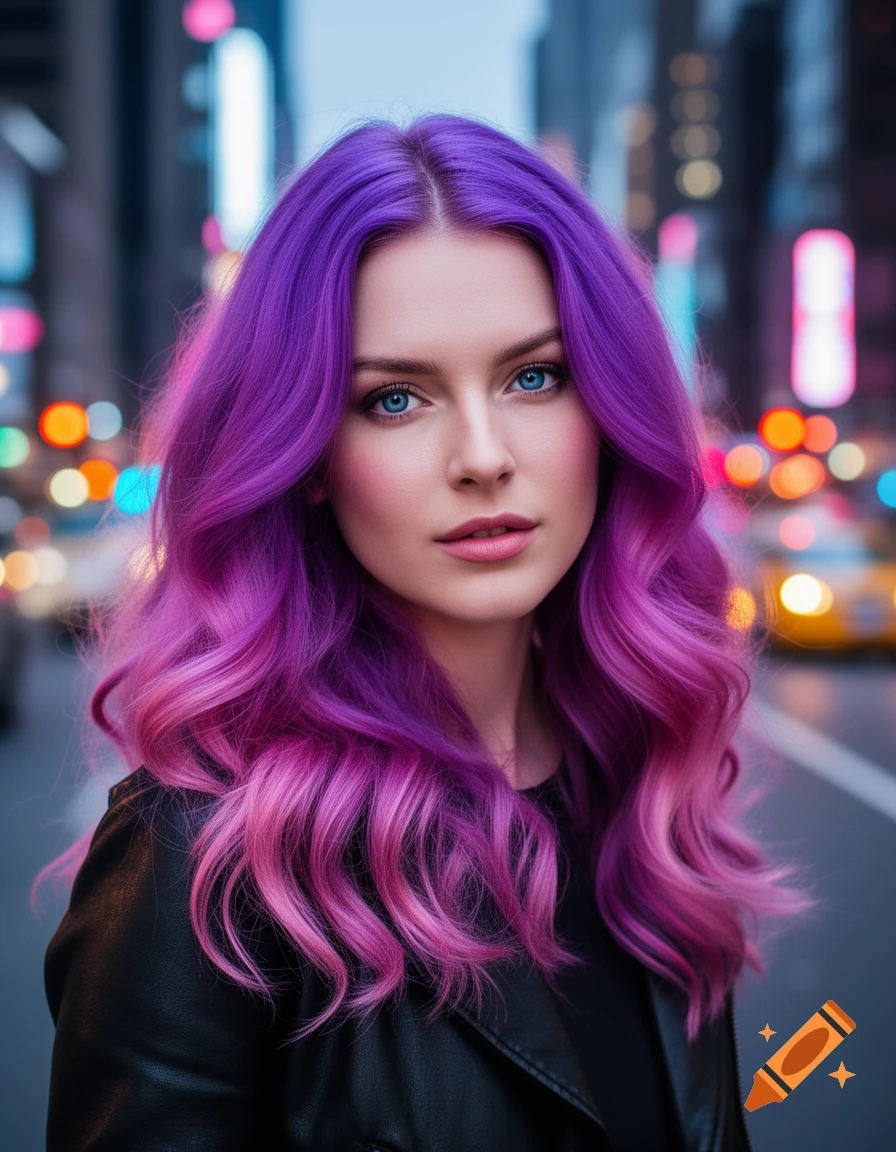 A woman with vibrant purple and pink ombre hair and blue eyes, wearing a black leather jacket, in a city at night with blurred colorful lights.