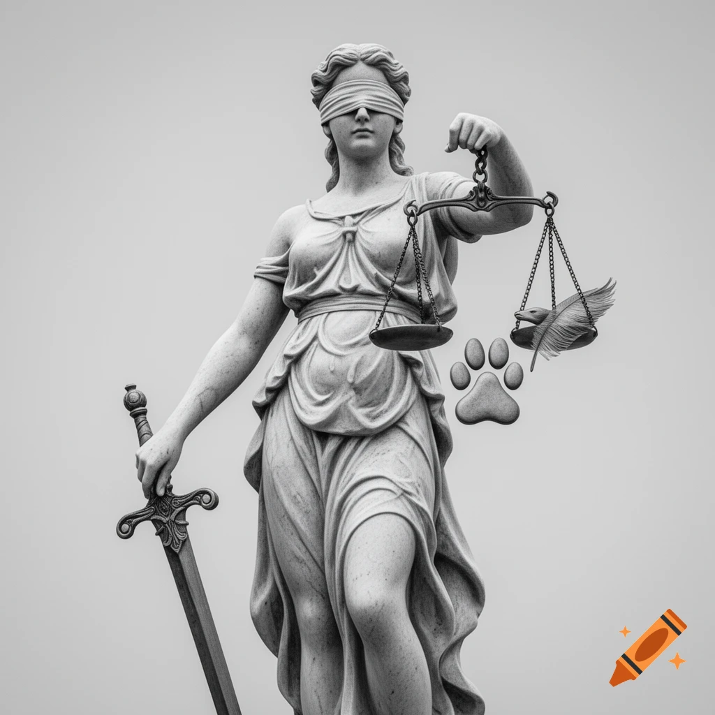 Black and white statue of Lady Justice holding a sword and scales with a paw print and feather.