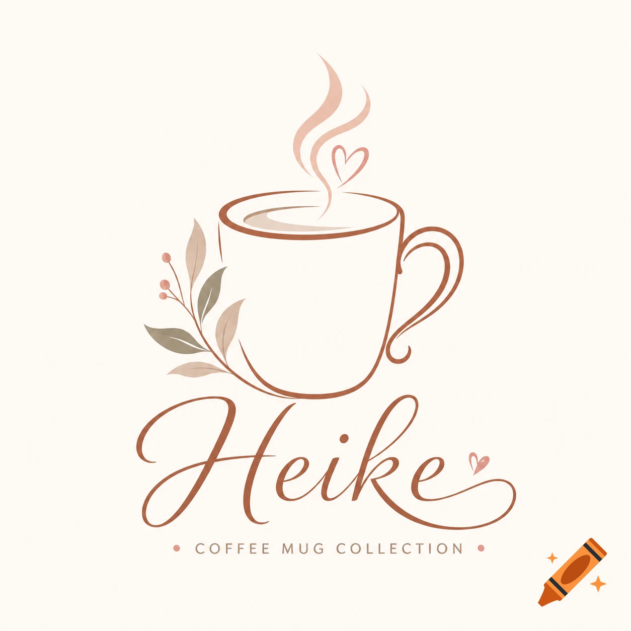 An elegant coffee mug logo with a stylized cup, steam, heart, leaves, and the name 'Heike' in script.