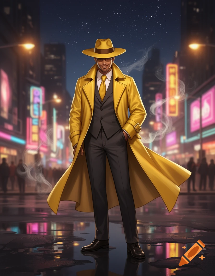 A stylized man in a yellow trench coat and fedora stands in a neon-lit city at night.