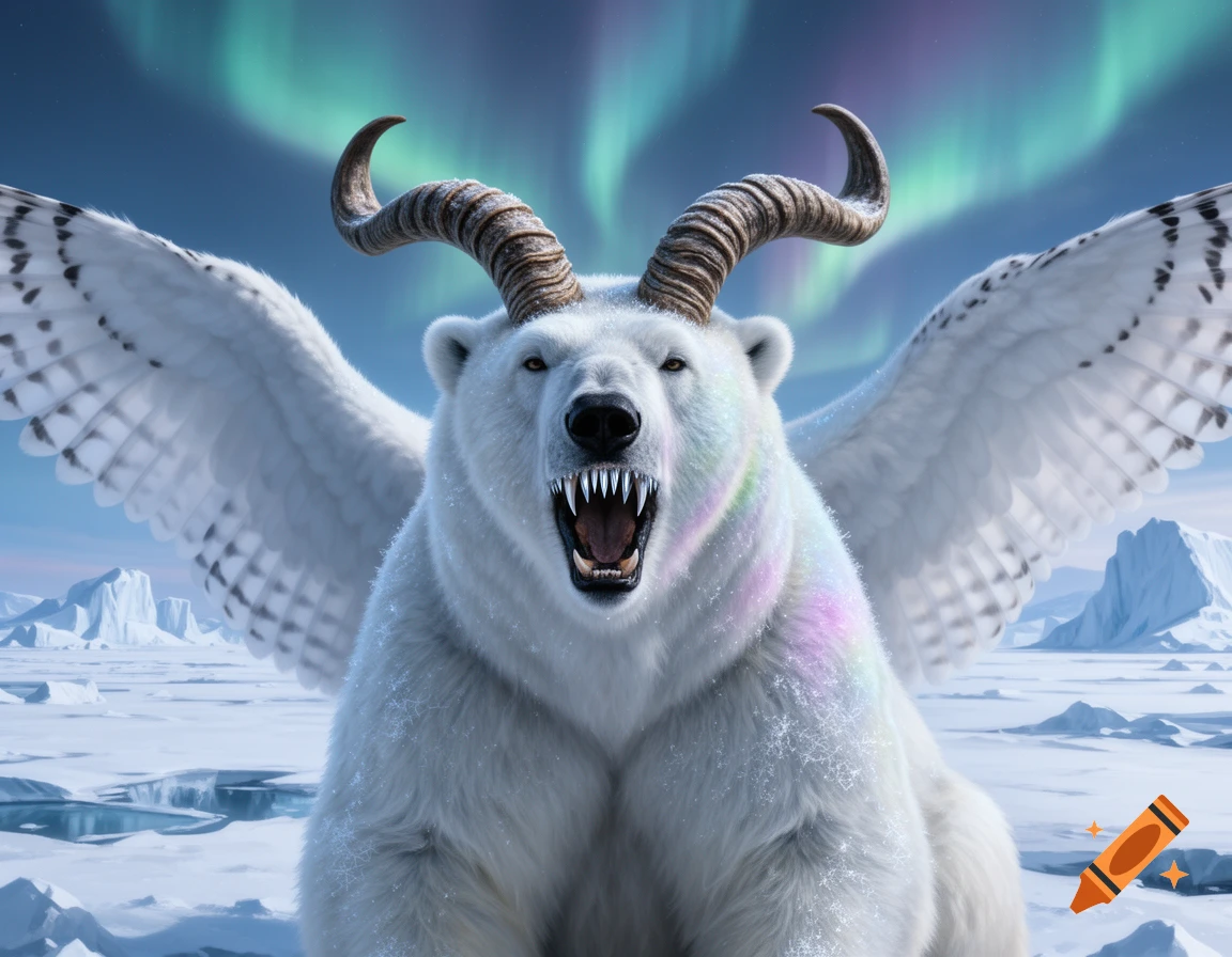 A majestic polar bear with horns and feathered wings roars in a snowy arctic landscape under the northern lights.