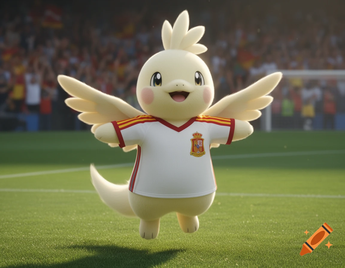 A cute, fluffy white Togetic mascot wearing a white and red Spanish national soccer team jersey on a grass field with a stadium in the background.