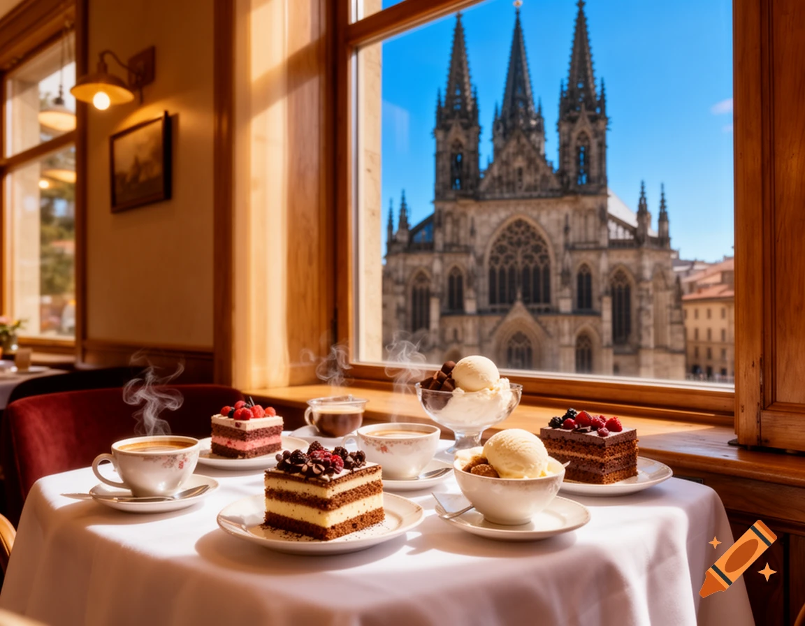 Cakes, coffee, and ice cream on a table in a cozy cafe, with a grand Gothic church visible through the window, photorealistic.