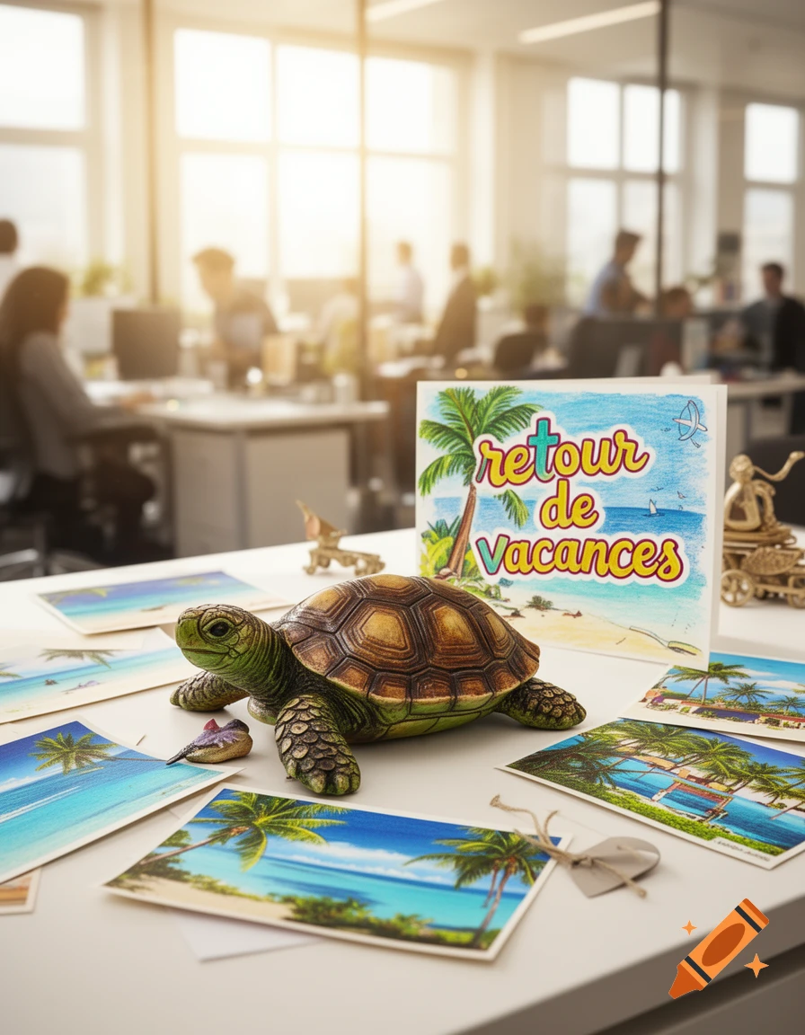 A realistic turtle figurine and beach postcards on a white office desk, with a card reading "retour de Vacances" and blurred office workers in the background.