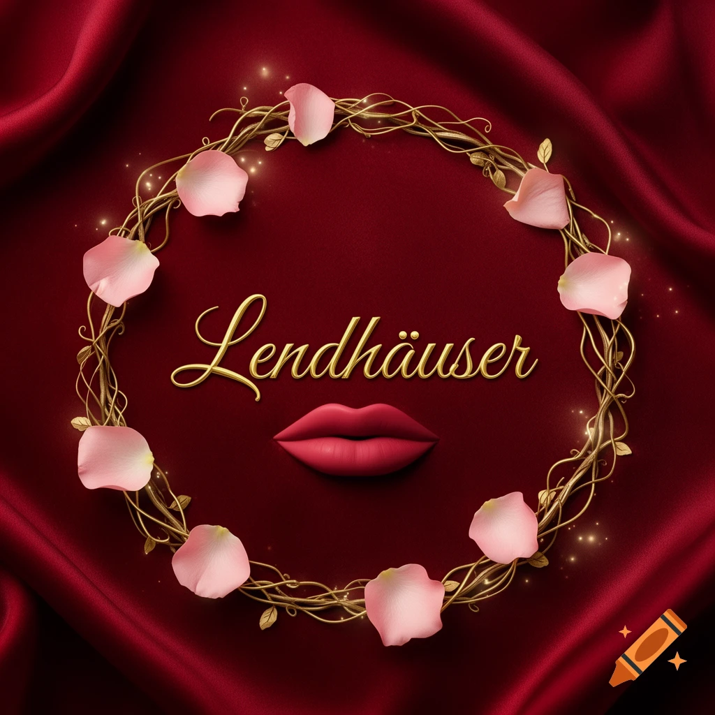 Gold 'Lendhäuser' text and red lips centered in a floral wreath with pink petals on a draped red satin background.