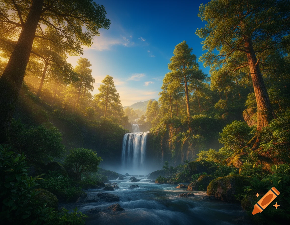 Photorealistic landscape of a lush green forest with a powerful waterfall cascading into a rocky river under golden sunlight.