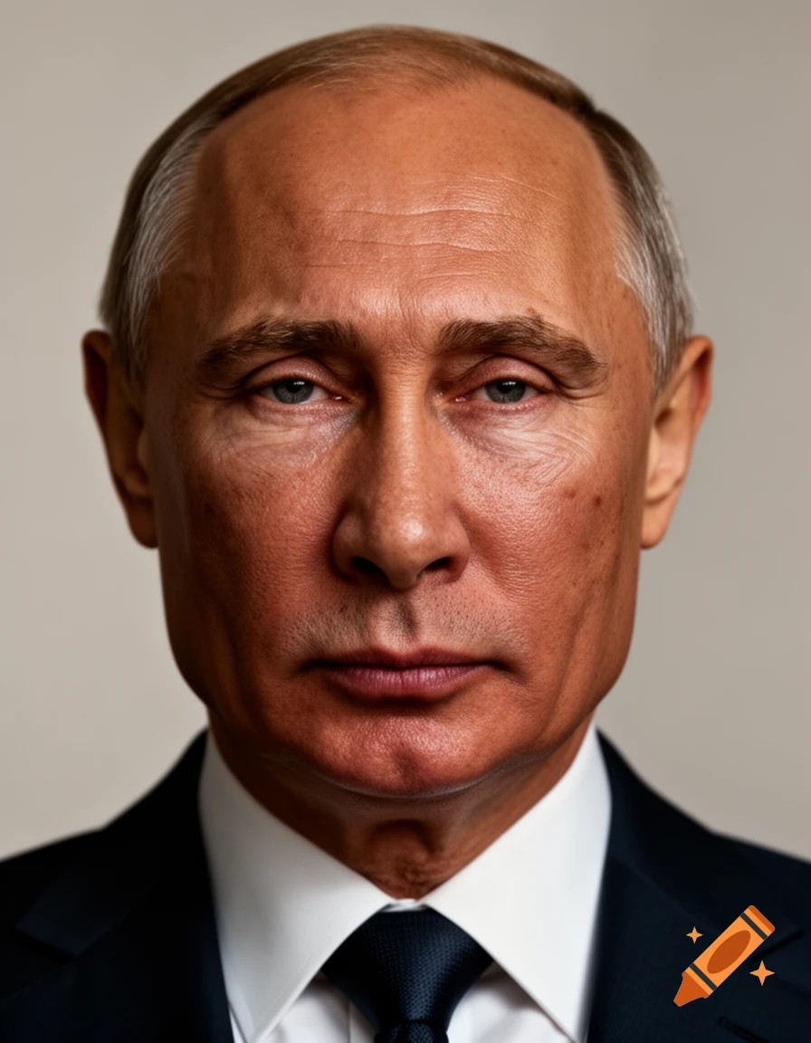 Photorealistic portrait of Vladimir Putin with a neutral expression, wearing a dark suit and tie, looking directly at the camera.