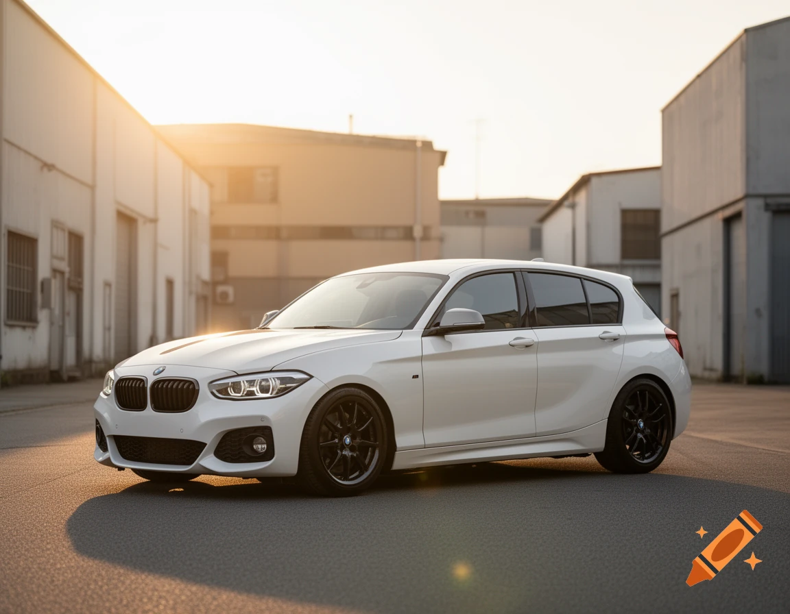 A white BMW 1-series hatchback parked on asphalt, lit by golden hour sun with buildings behind.