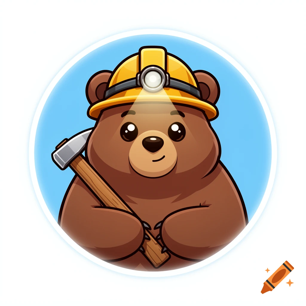 A friendly cartoon grizzly bear miner wearing a yellow hard hat with a headlamp and holding a pickaxe over its shoulder, against a light blue circular background.