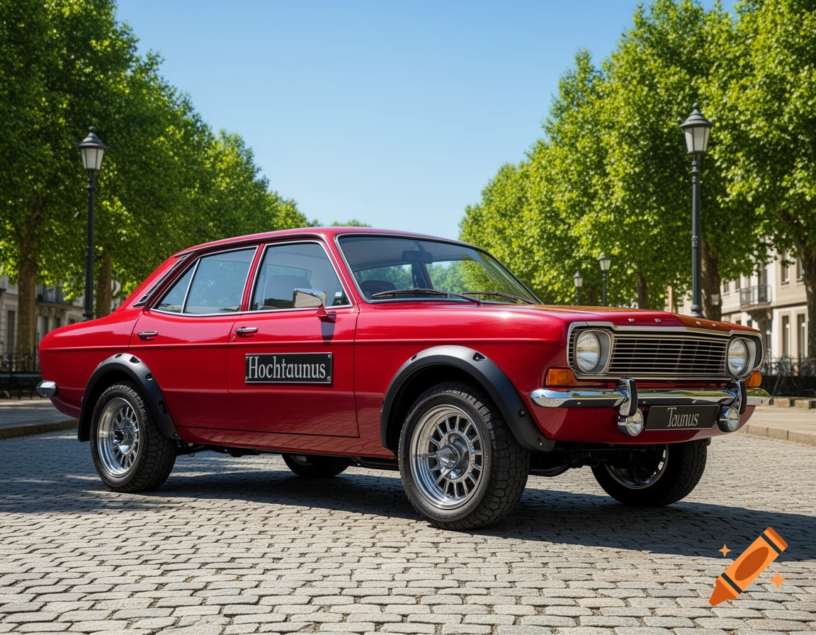 A red classic Ford Taunus sedan, modified with fender flares and off-road tires, parked on a cobblestone street lined with green trees and lampposts.