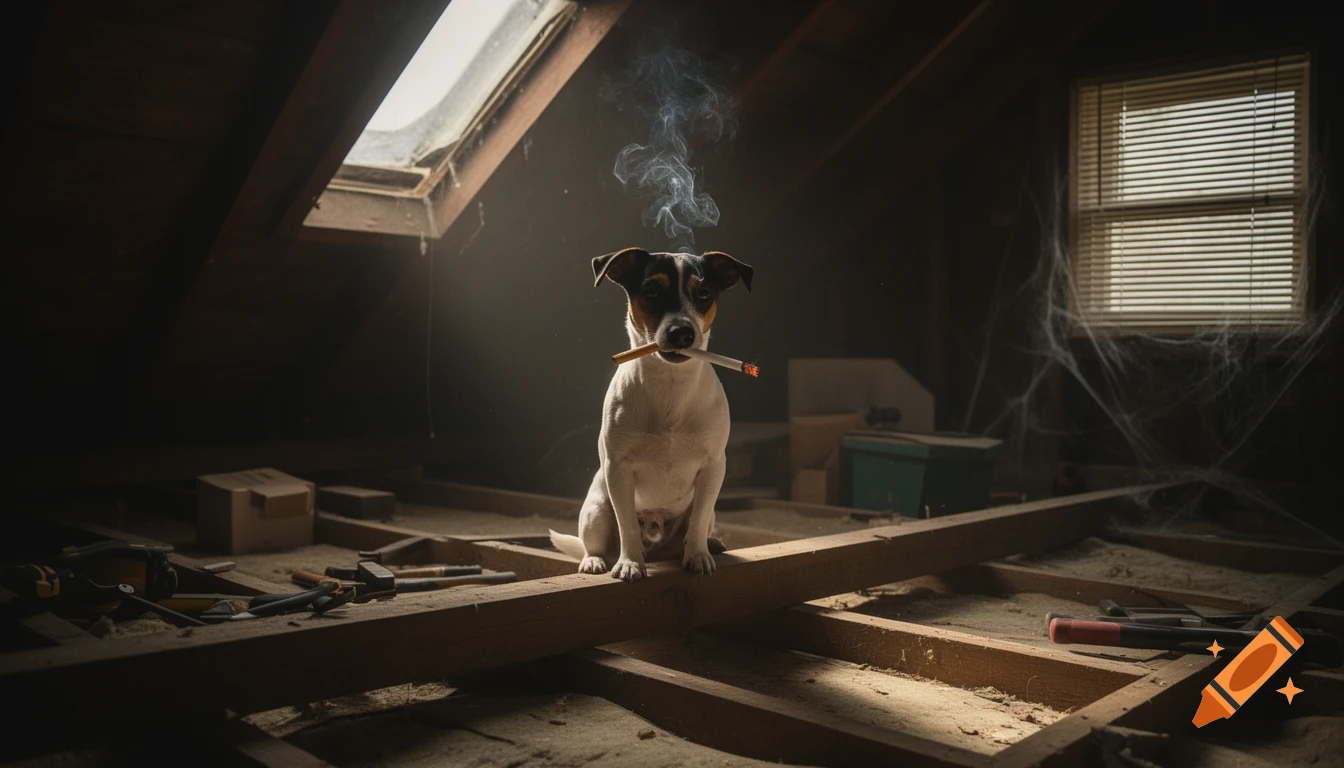 A rat terrier dog with a lit cigarette in its mouth sits on wooden beams in a dusty, unfinished attic. Photorealistic.