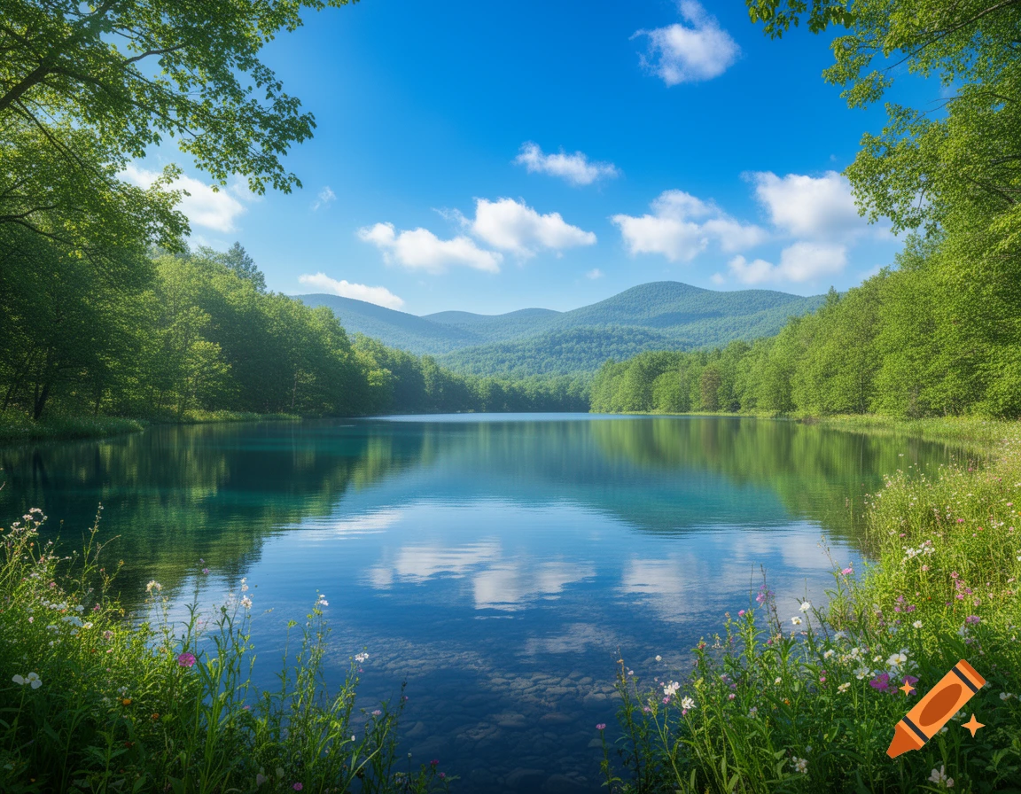 A serene sapphire blue lake reflecting a bright sky, surrounded by lush green forests, distant mountains, and wildflowers.