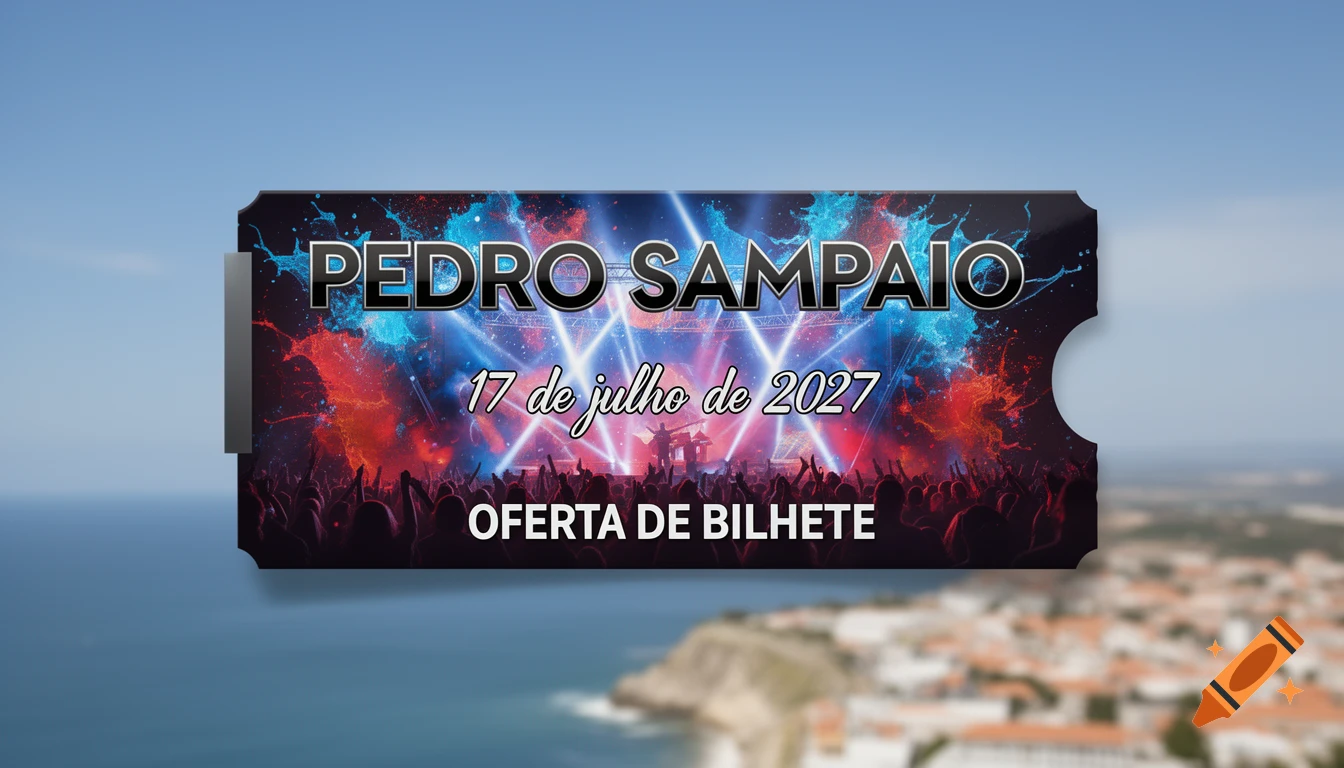 Concert ticket voucher for Pedro Sampaio on 17 de julho de 2027, with a vibrant concert scene, above a blurry coastal view.