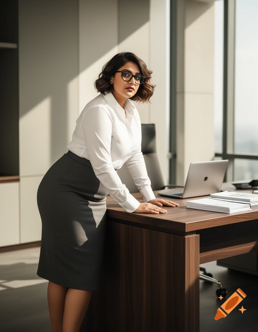 A confident Indian woman in a white shirt and gray pencil skirt leans on an office desk, looking at the viewer, in a photorealistic style.