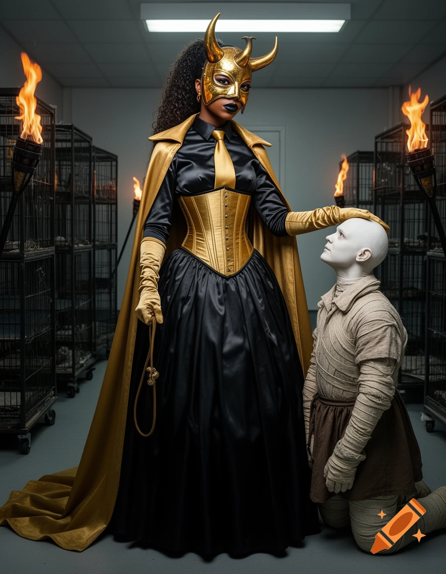 A woman in a golden horned mask and elaborate black and gold Victorian-style outfit caresses the head of a pale, mummified figure kneeling at her feet, in a room with cages and torches.