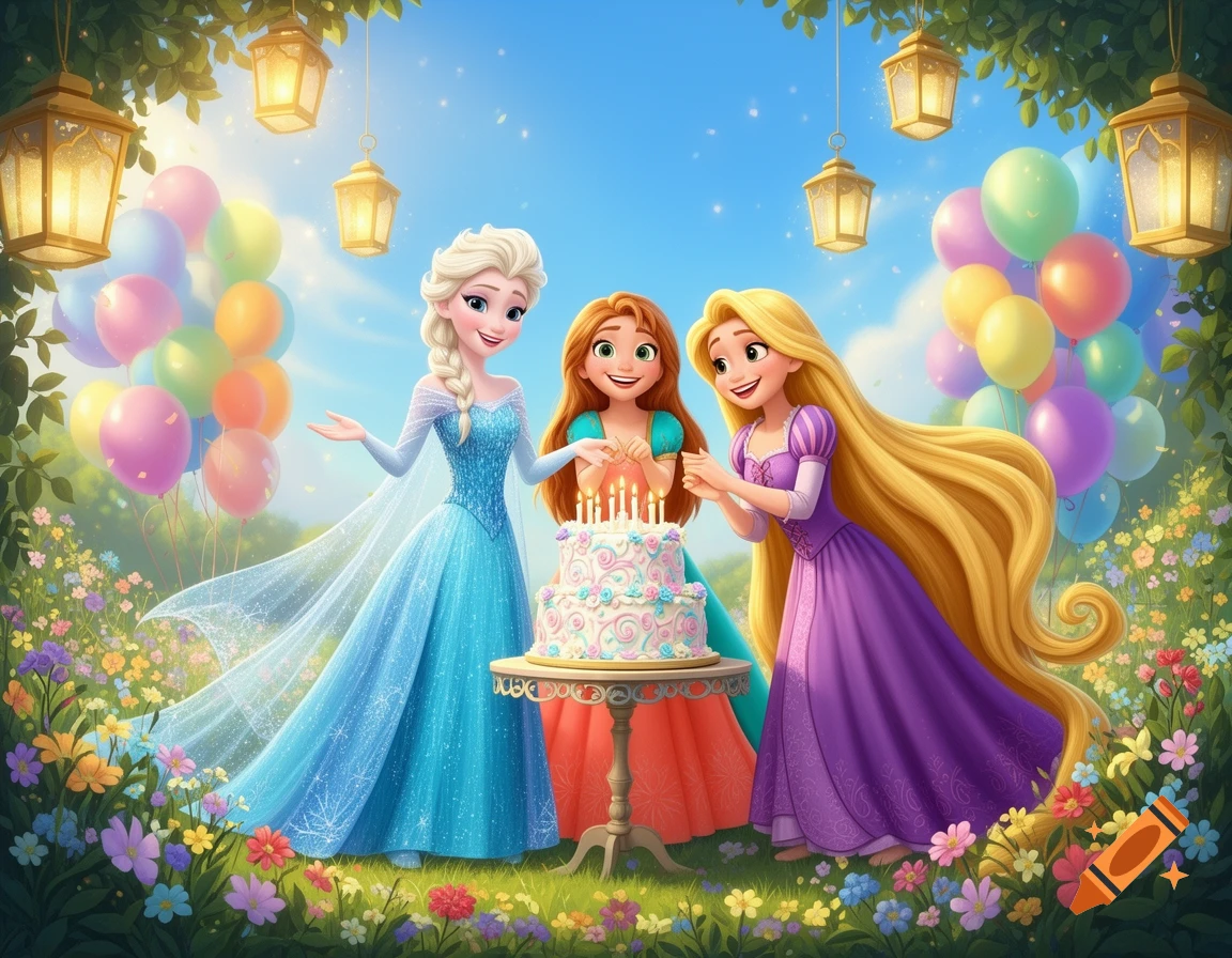 Elsa, Anna, and Rapunzel celebrate a birthday around a cake in a colorful garden with balloons and lanterns.