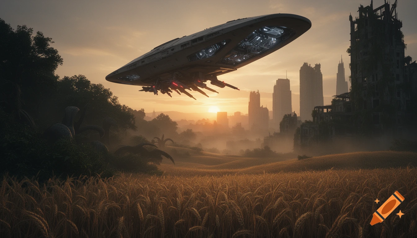 A large, sleek spaceship hovers low over a golden wheat field, with a ruined city and dense forest at sunrise.