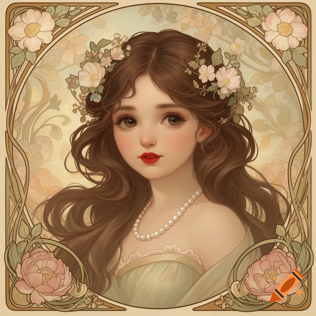 Art Nouveau style portrait of a brown-haired girl with big eyes, red lipstick, a pearl necklace, and flowers in her hair, surrounded by floral patterns.