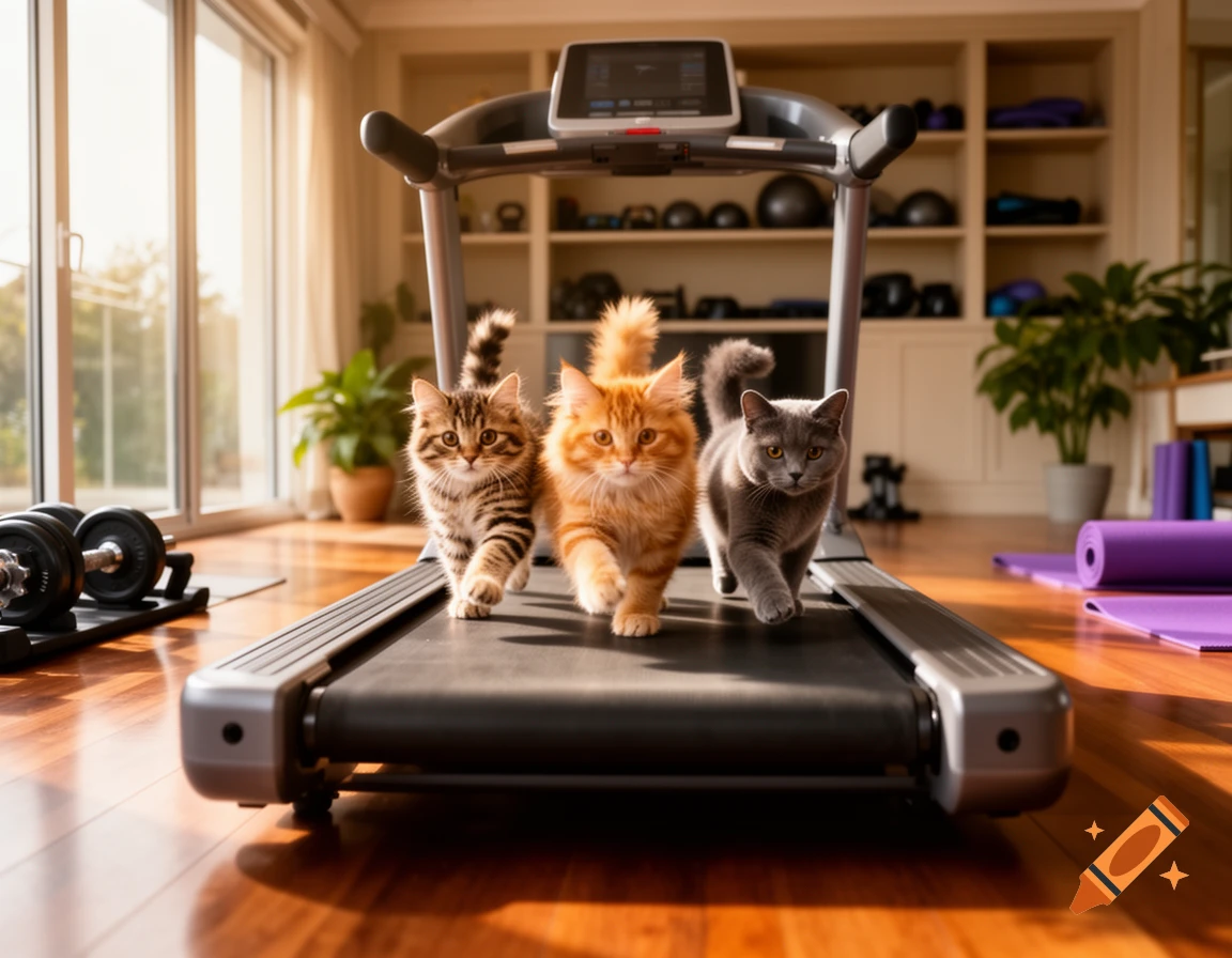 Three fluffy kittens, a tabby, an orange, and a grey, run side-by-side on a treadmill in a sunlit home gym.