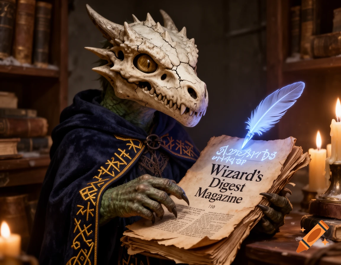A dragon-skull masked wizard in a dark blue robe, with green scales, writes with a glowing blue quill in an ancient 'Wizard's Digest Magazine' by candlelight.